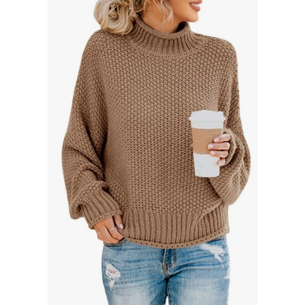 Chunky Knit Oversized Sweater with Loose Turtleneck & Batwing Sleeves - Size M